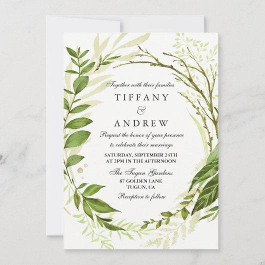 Modern Forest Leaf Wreath Greenery Wedding Invite Kaart (Voorkant)