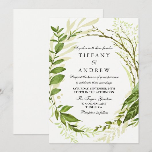 Modern Forest Leaf Wreath Greenery Wedding Invite Kaart (Voorkant / Achterkant)