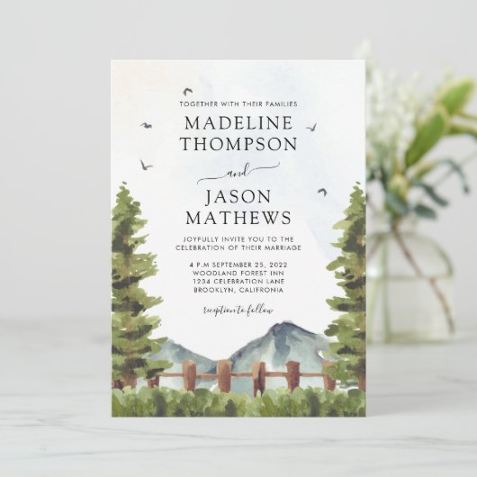 Modern Forest Mountain Rustic Waterverf Wedding Kaart (Staand voorkant)