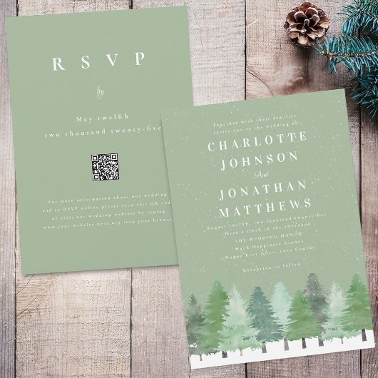 Modern Forest QR Code Sage Green Winter Wedding Kaart