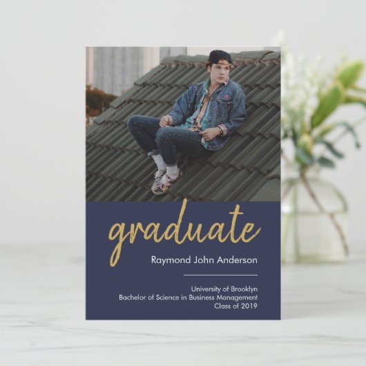 Modern formeel Blauw Gold Afstuderen het Afstudere Aankondiging (Staand voorkant)