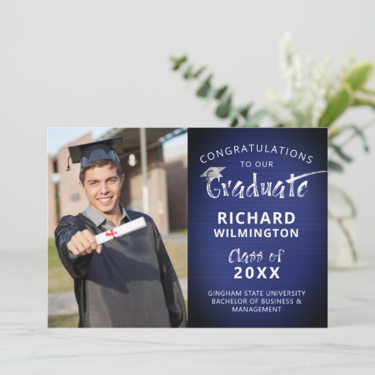 Modern Foto Afstuderen Metallic Navy Blue Aankondiging (Staand voorkant)