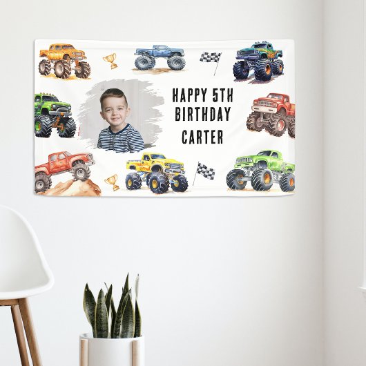 Modern Foto | Kinderen Monster Trucks Verjaardagsf Spandoek