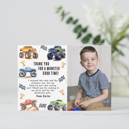 Modern Foto | Kinderen Monstertrucks Verjaardagsfe Bedankkaart (Staand voorkant)