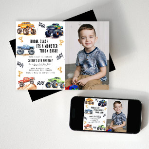 Modern Foto Kinderen Monstertrucks Verjaardagsfe Kaart
