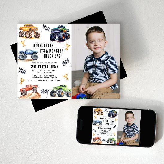 Modern Foto | Kinderen Monstertrucks Verjaardagsfe Kaart