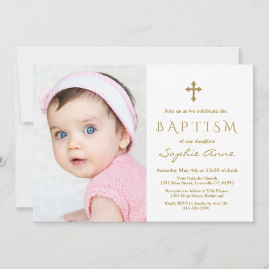 Modern Foto Meisje Gouden Kruis Doop Kaart (Voorkant)
