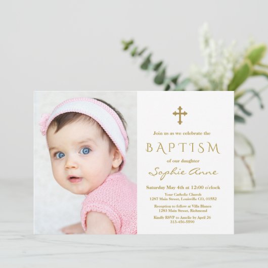 Modern Foto Meisje Gouden Kruis Doop Kaart (Staand voorkant)