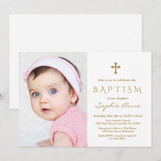 Modern Foto Meisje Gouden Kruis Doop Kaart (Voorkant / Achterkant)