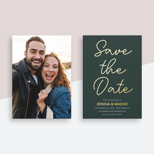 Modern Foto Save The Date Donkergroen Echt Goud Folie Uitnodiging