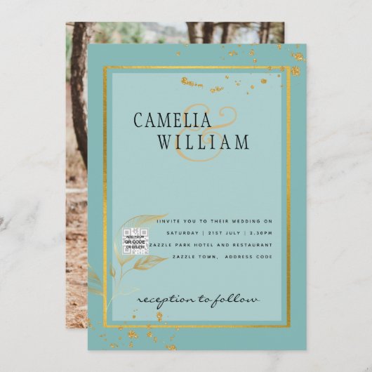 Modern FOTO Weddenschap nodigt QR CODE RSVP BLAUWG Kaart (Voorkant / Achterkant)