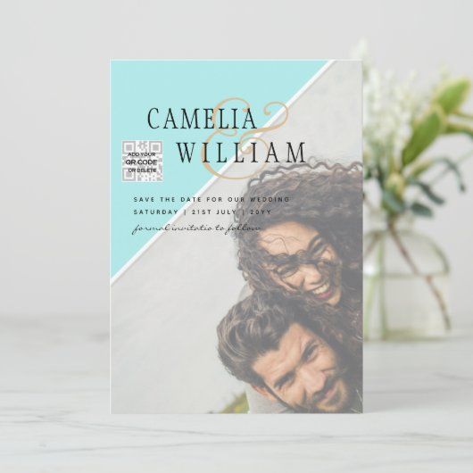 Modern FOTO Weddenschap nodigt QR CODE RSVP BLAUWG Kaart (Staand voorkant)