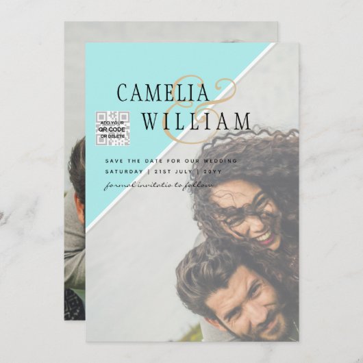 Modern FOTO Weddenschap nodigt QR CODE RSVP BLAUWG Kaart (Voorkant / Achterkant)