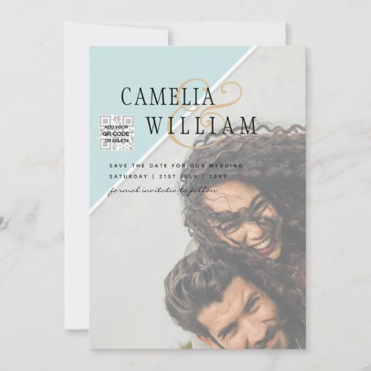 Modern FOTO Weddenschap nodigt QR CODE RSVP BLAUWG Kaart (Voorkant)
