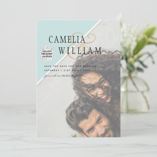 Modern FOTO Weddenschap nodigt QR CODE RSVP BLAUWG Kaart (Staand voorkant)