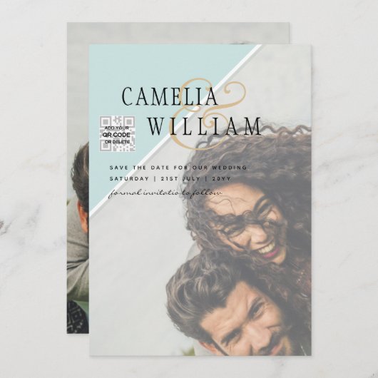 Modern FOTO Weddenschap nodigt QR CODE RSVP BLAUWG Kaart (Voorkant / Achterkant)