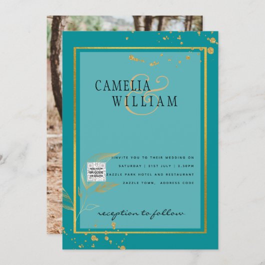 Modern FOTO Weddenschap nodigt QR CODE RSVP BLAUWG Kaart (Voorkant / Achterkant)