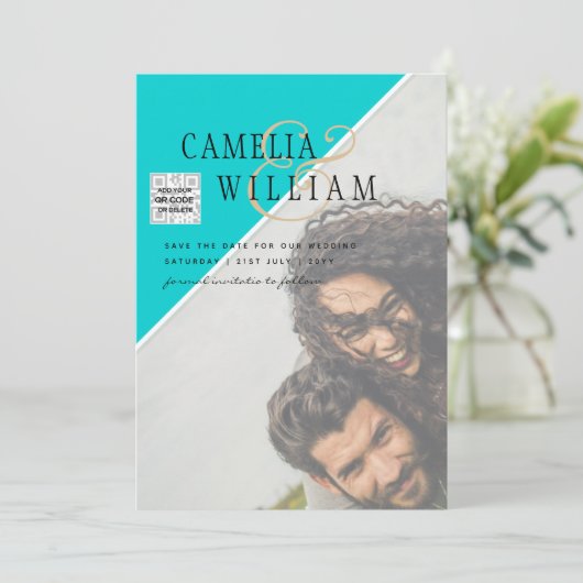 Modern FOTO Weddenschap nodigt QR CODE RSVP BLAUWG Kaart (Staand voorkant)