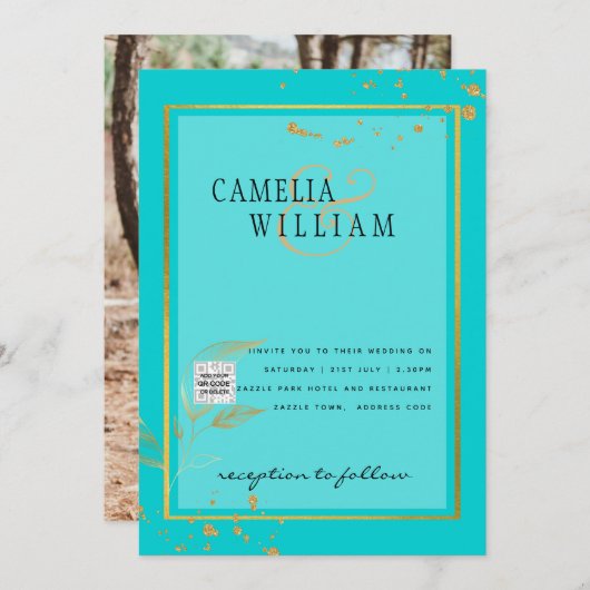 Modern FOTO Weddenschap nodigt QR CODE RSVP BLAUWG Kaart (Voorkant / Achterkant)