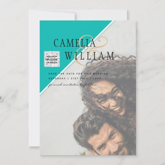 Modern FOTO Weddenschap nodigt QR CODE RSVP BLAUWG Kaart (Voorkant)