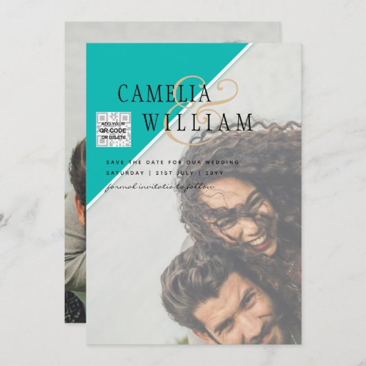 Modern FOTO Weddenschap nodigt QR CODE RSVP BLAUWG Kaart (Voorkant / Achterkant)