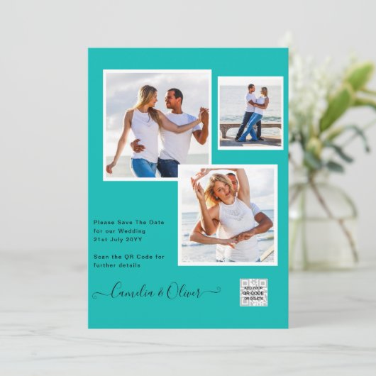 Modern FOTO Weddenschap nodigt QR CODE RSVP BLAUWG Kaart (Staand voorkant)