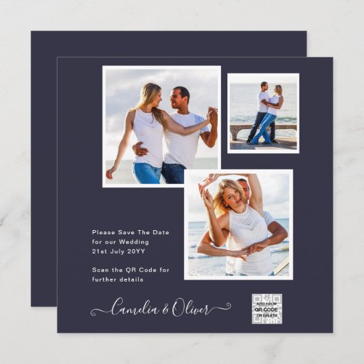 Modern FOTO Weddenschap nodigt QR CODE RSVP Blue u (Voorkant / Achterkant)