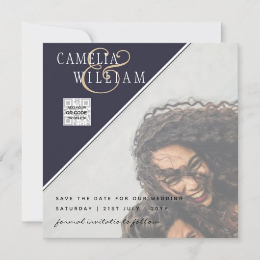 Modern FOTO Weddenschap nodigt QR CODE RSVP Blue u (Voorkant)