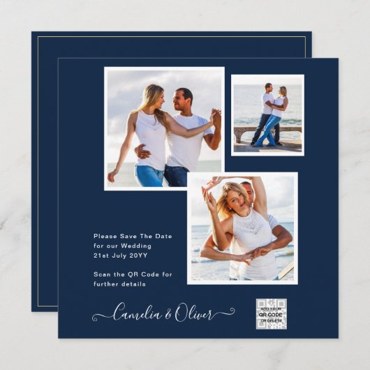 Modern FOTO Weddenschap nodigt QR CODE RSVP Blue u Kaart (Voorkant / Achterkant)