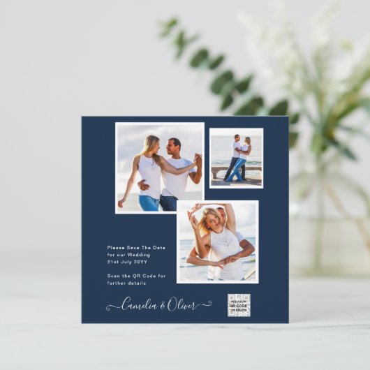 Modern FOTO Weddenschap nodigt QR CODE RSVP Blue u Kaart (Staand voorkant)