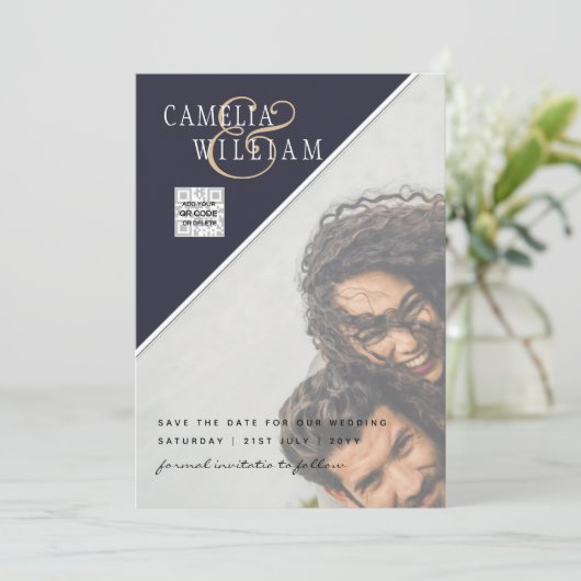 Modern FOTO Weddenschap nodigt QR CODE RSVP Blue u Kaart (Staand voorkant)