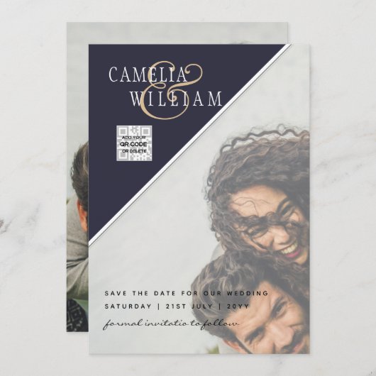 Modern FOTO Weddenschap nodigt QR CODE RSVP Blue u Kaart (Voorkant / Achterkant)