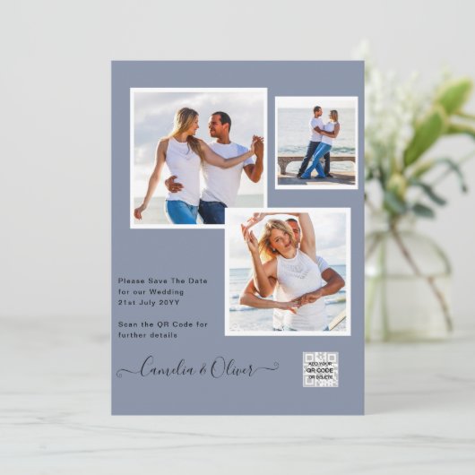 Modern FOTO Weddenschap nodigt QR CODE RSVP Blue u Kaart (Staand voorkant)
