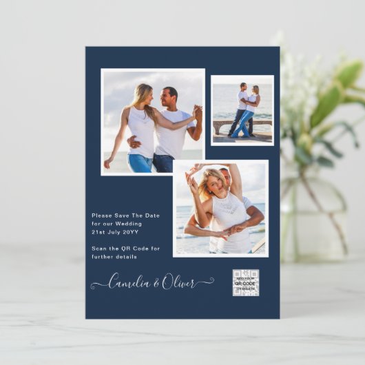 Modern FOTO Weddenschap nodigt QR CODE RSVP Blue u Kaart (Staand voorkant)