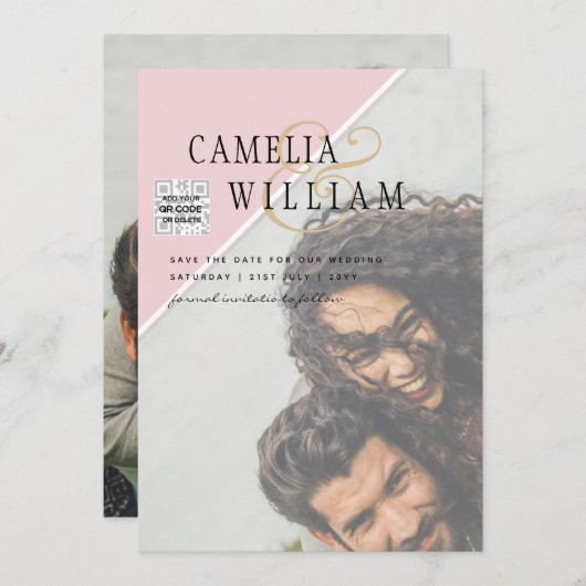 Modern FOTO Weddenschap nodigt QR CODE RSVP BlushP Kaart (Voorkant / Achterkant)