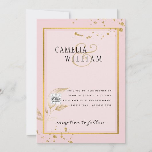 Modern FOTO Weddenschap nodigt QR CODE RSVP BlushP Kaart (Voorkant)