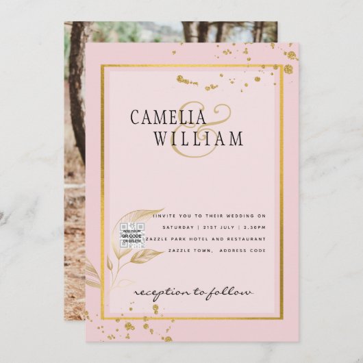 Modern FOTO Weddenschap nodigt QR CODE RSVP BlushP Kaart (Voorkant / Achterkant)