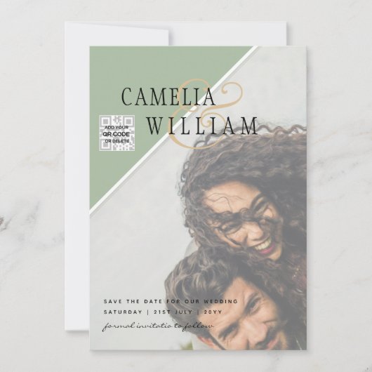 Modern FOTO Weddenschap nodigt QR CODE Rsvp Green  Kaart (Voorkant)