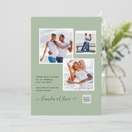 Modern FOTO Weddenschap nodigt QR CODE Rsvp Green  Kaart (Staand voorkant)