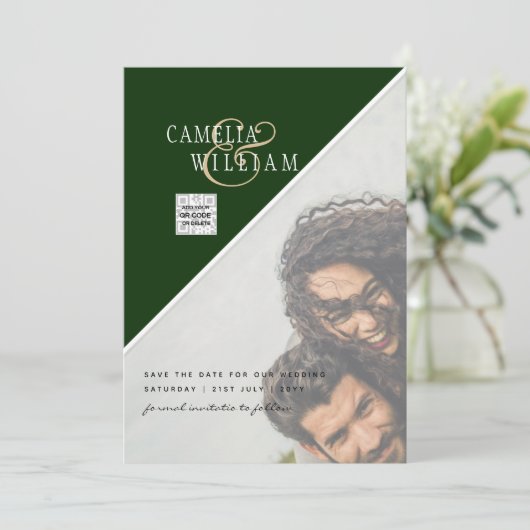 Modern FOTO Weddenschap nodigt QR CODE Rsvp Green  Kaart (Staand voorkant)