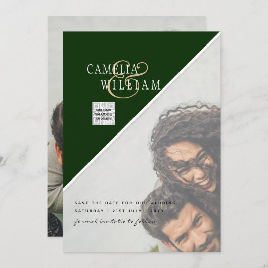 Modern FOTO Weddenschap nodigt QR CODE Rsvp Green  Kaart (Voorkant / Achterkant)