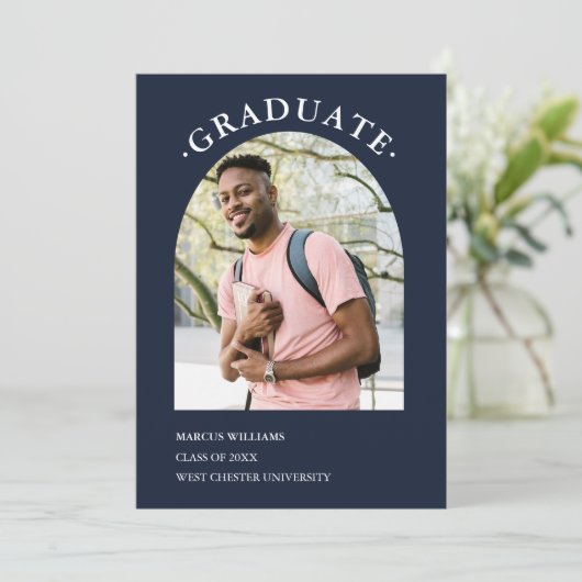 Modern fotoscript marineblauw Afstuderen Kaart (Staand voorkant)