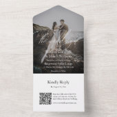Modern Fotoscript QR Code RSVP Zwart Bruiloft All In One Uitnodiging (Binnen)