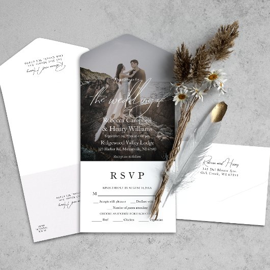 Modern Fotoscript RSVP Entree Bruiloft All In One Uitnodiging