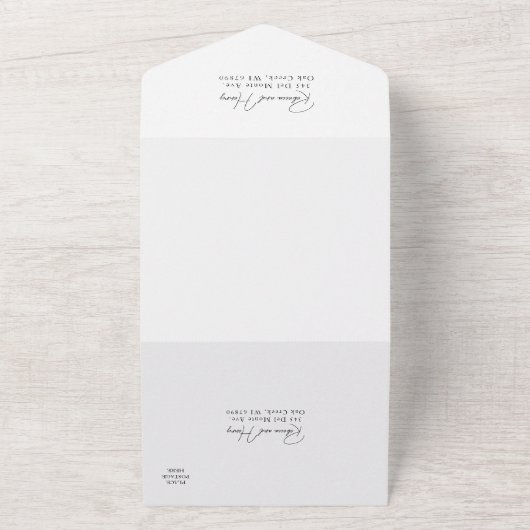 Modern Fotoscript RSVP Entree Bruiloft All In One Uitnodiging (Buitenkant)