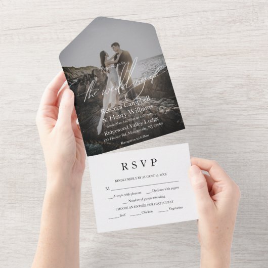 Modern Fotoscript RSVP Entree Bruiloft All In One Uitnodiging (Afscheurbaar)
