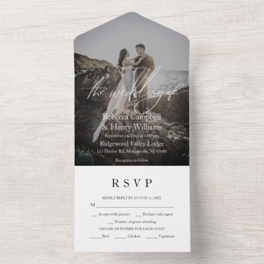 Modern Fotoscript RSVP Entree Bruiloft All In One Uitnodiging (Binnen)