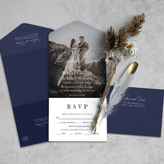 Modern Fotoscript RSVP Entree Marine Blauw Bruilof All In One Uitnodiging