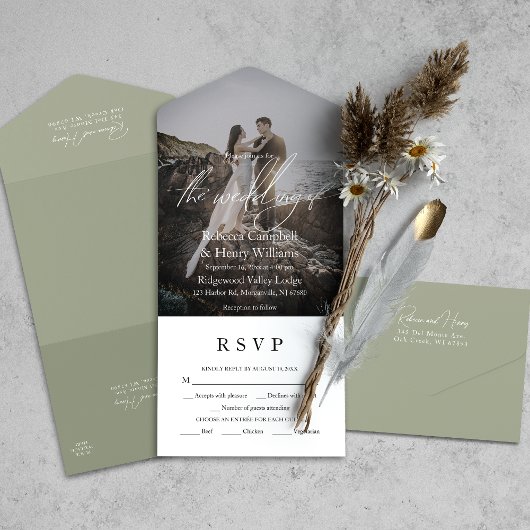 Modern Fotoscript RSVP Entree Sage Groene Bruiloft All In One Uitnodiging
