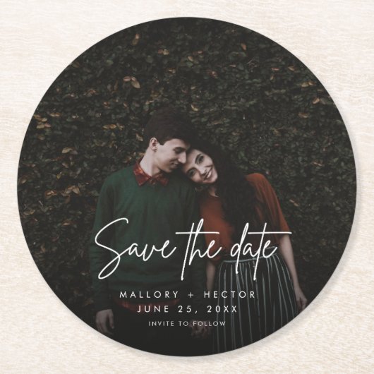 Modern Fotoscript Unieke bruiloft Save the Date Ronde Kartonnen Onderzetter (Voorkant)